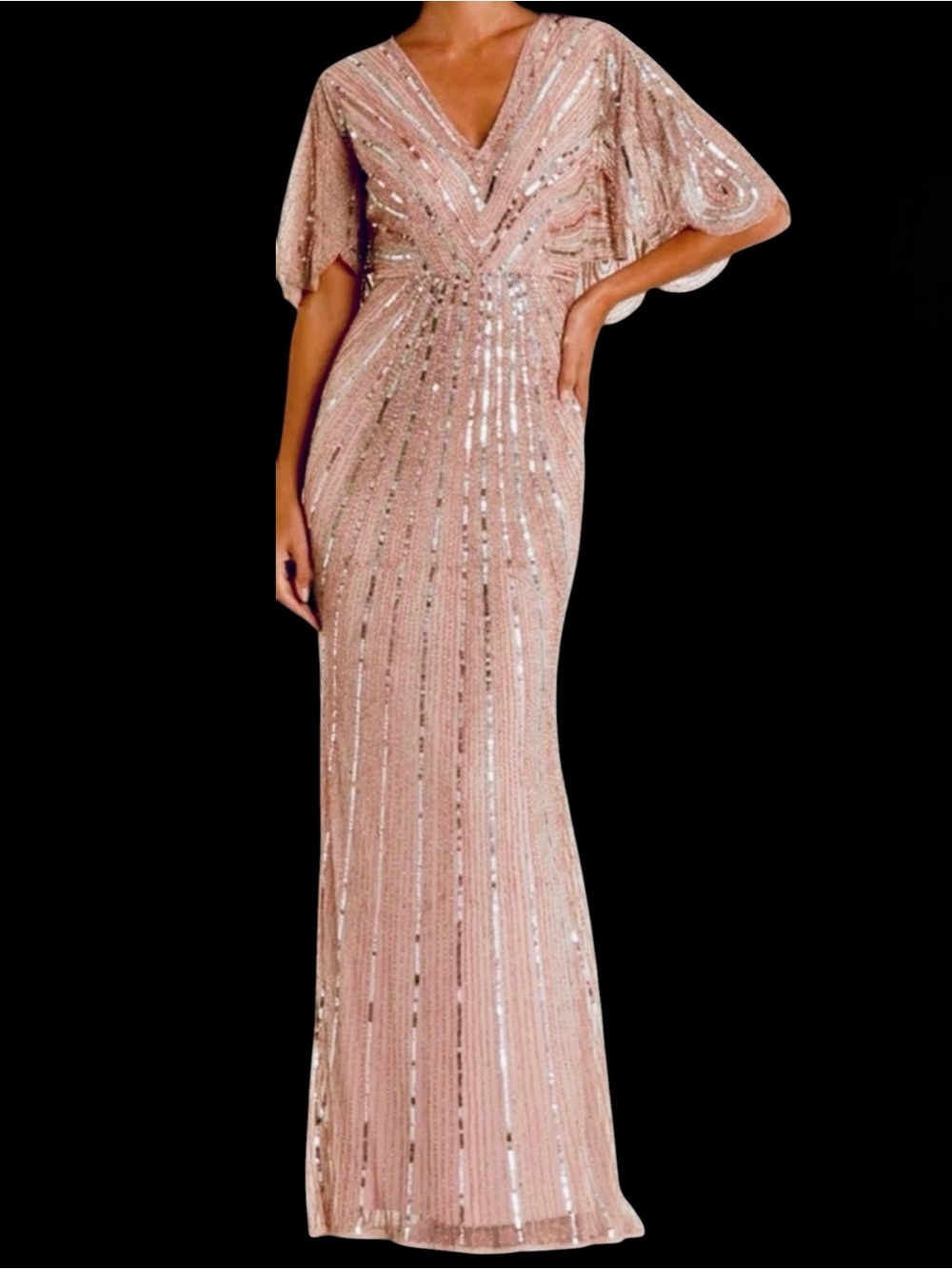 Mac Duggal 93583 Vintage Rose Sequin Beaded Column Style  Cape Gown NWT Size 8